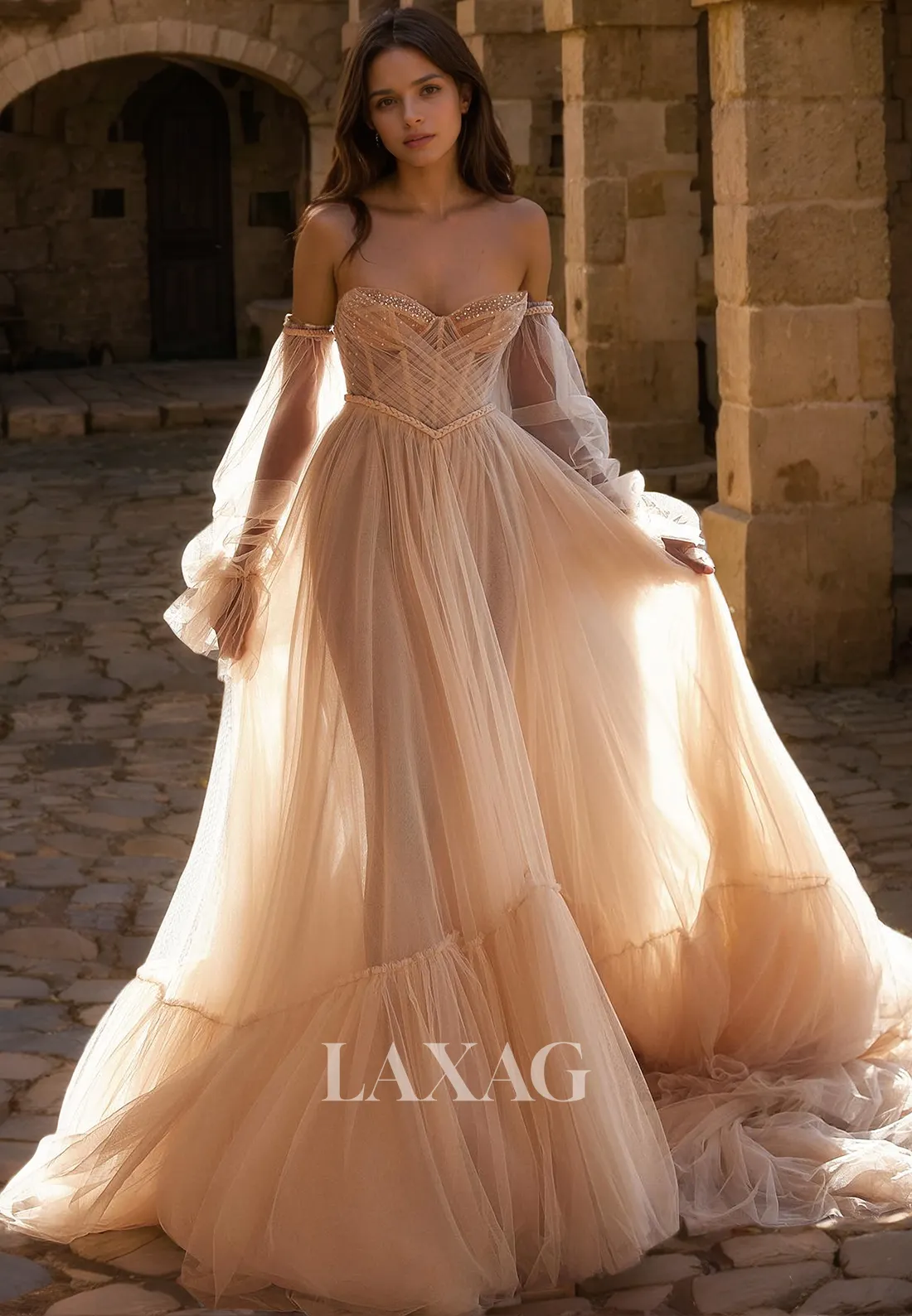 A-Line Beaded Sweetheart Long-Sleeves Beaded Tulle illusion Wedding Dress with Train