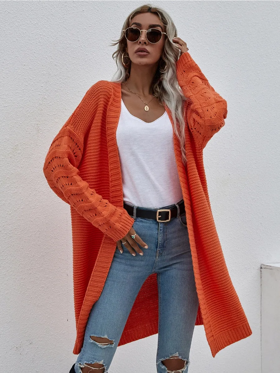 Braid Open Knit Long Cardigan - Orange