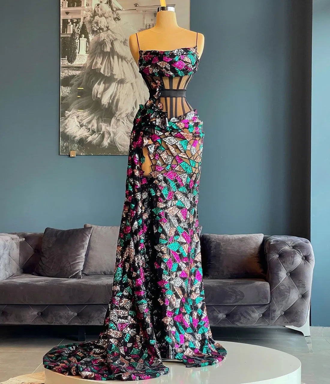 Eliana Black Multi Sequin Evening Dress