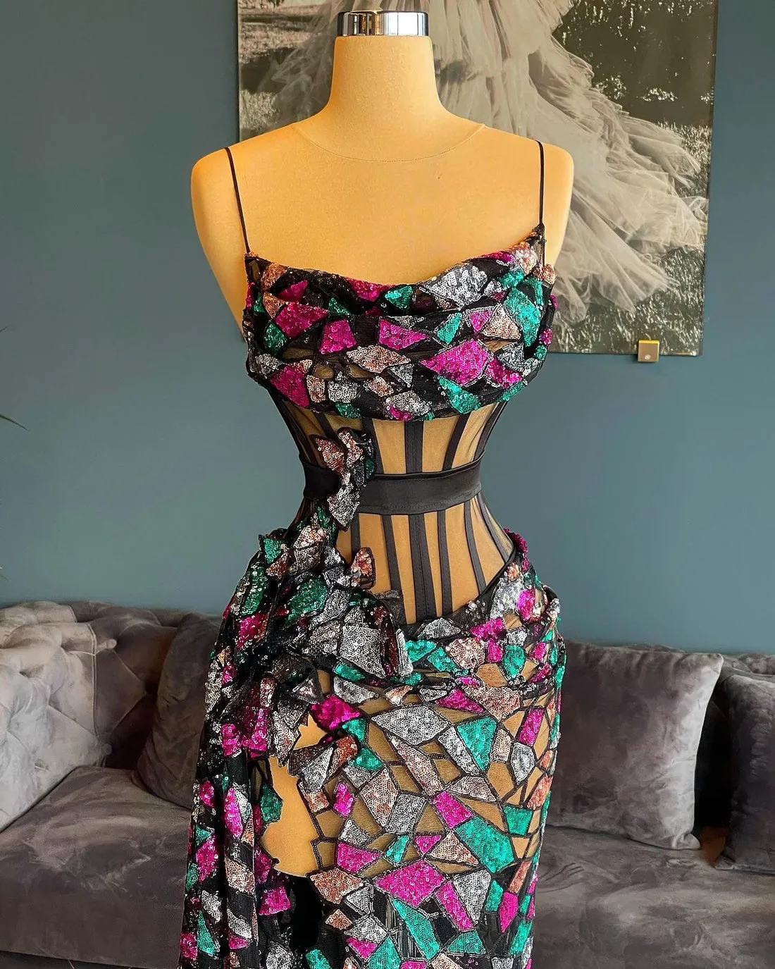Eliana Black Multi Sequin Evening Dress
