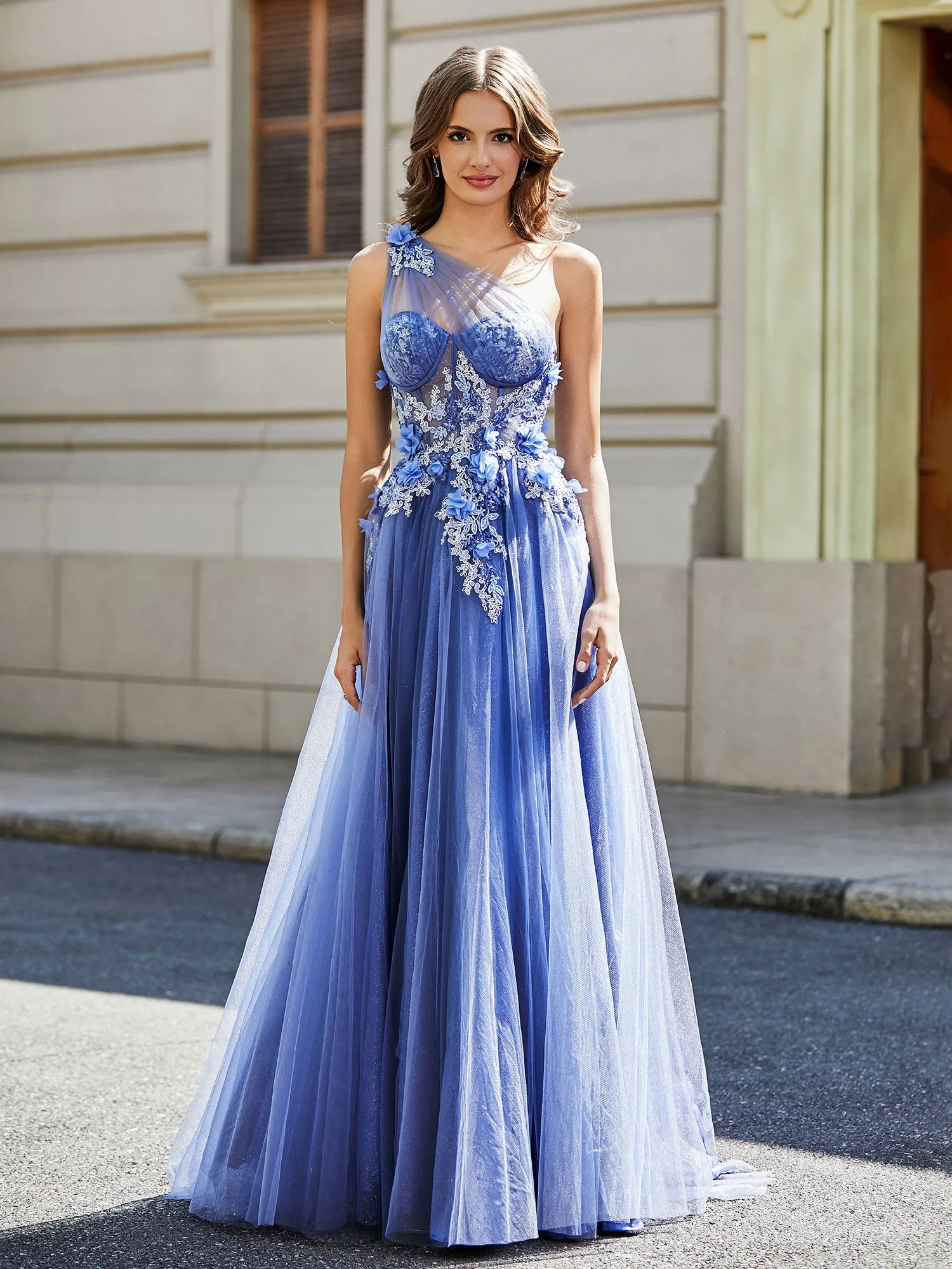 Flower Applique Bodice High Slit Tulle Dress Stormy