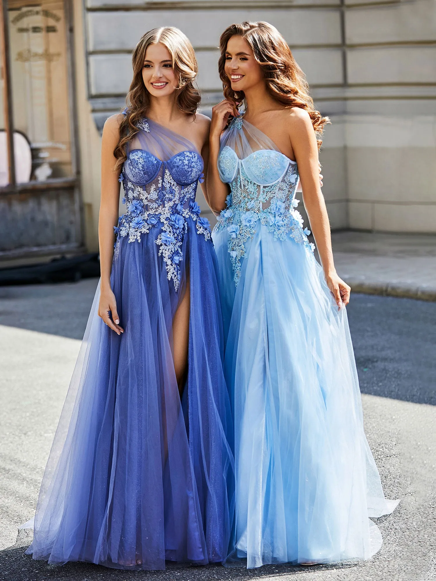 Flower Applique Bodice High Slit Tulle Dress Stormy