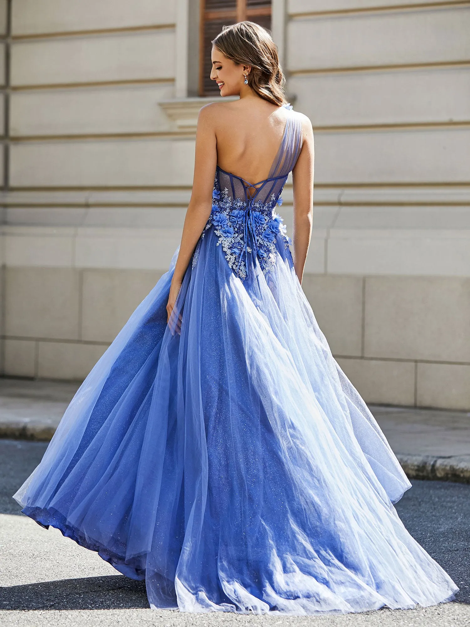Flower Applique Bodice High Slit Tulle Dress Stormy