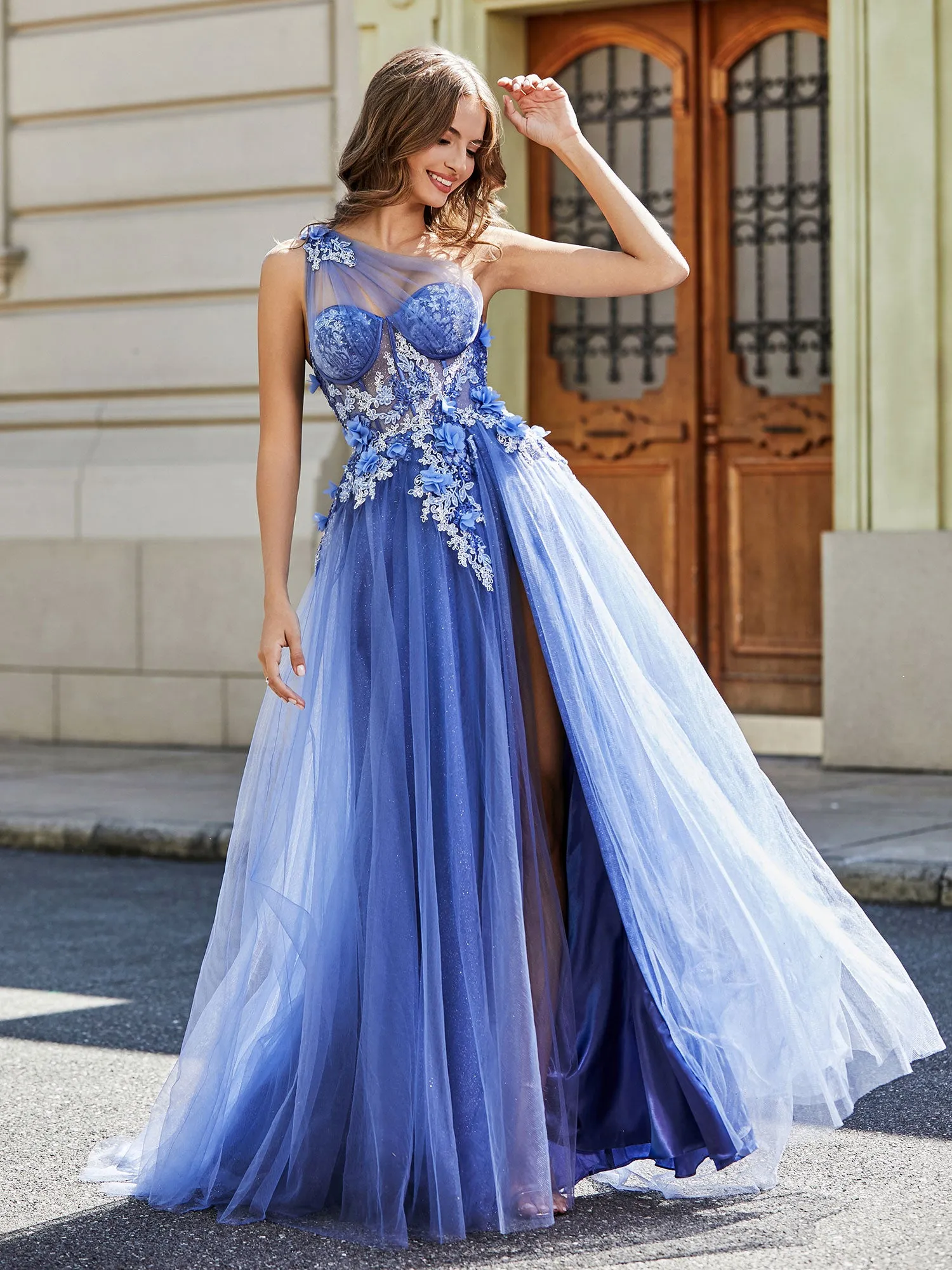 Flower Applique Bodice High Slit Tulle Dress Stormy