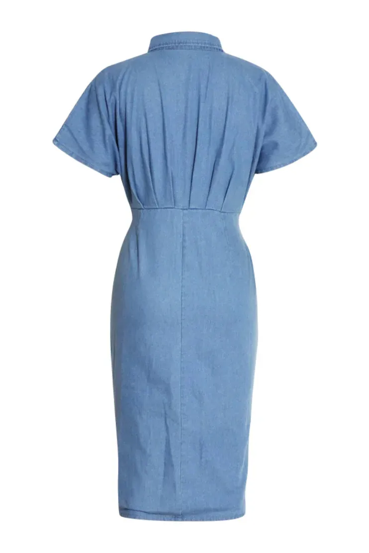 Gina Gathered Knotted Denim Midi Shirt Dress