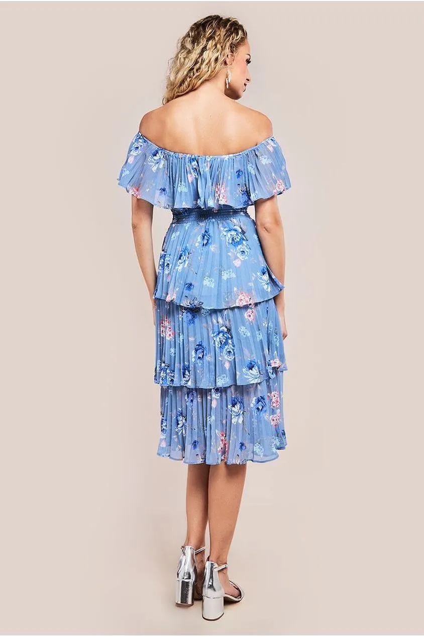 Goddiva Pleated Bodice Chiffon Tiered Midi Dress - Blue