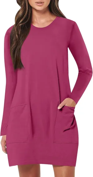 hlysgo Womens Mini Dress Summer Long Sleeve Crew Neck Casual Dresses Trendy Loose Comfy Knee Length Dress with Pockets
