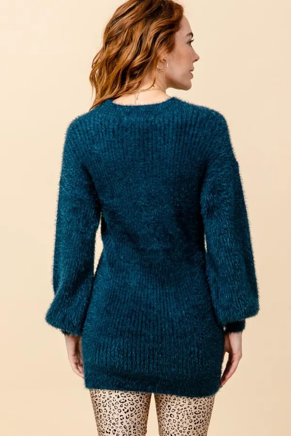 Hyfve Teal Puff Sleeve Knit Sweater Dress