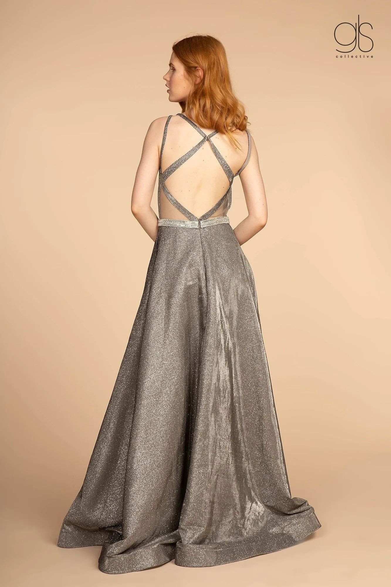 Long A-line Glitter Dress with Jeweled Waistband by Elizabeth K GL2504