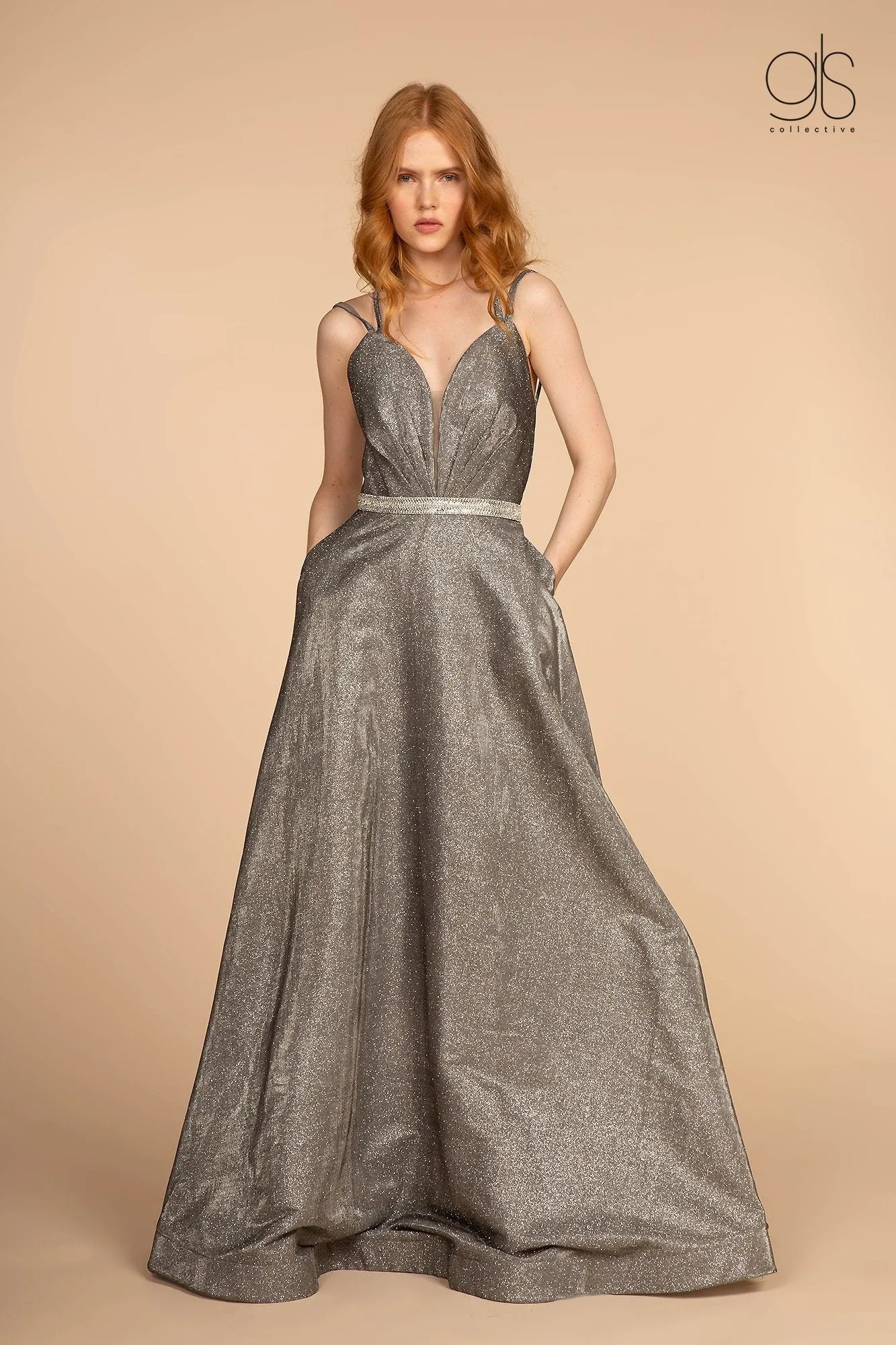 Long A-line Glitter Dress with Jeweled Waistband by Elizabeth K GL2504