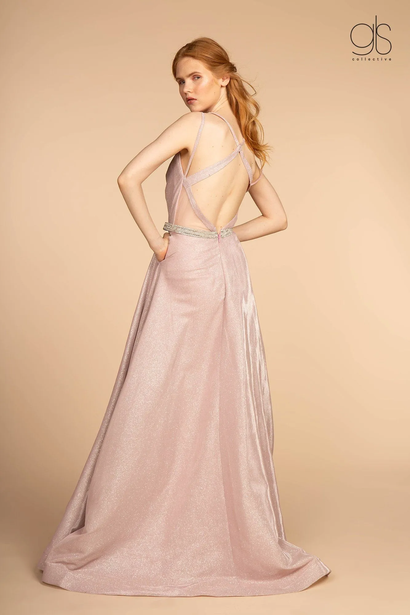 Long A-line Glitter Dress with Jeweled Waistband by Elizabeth K GL2504