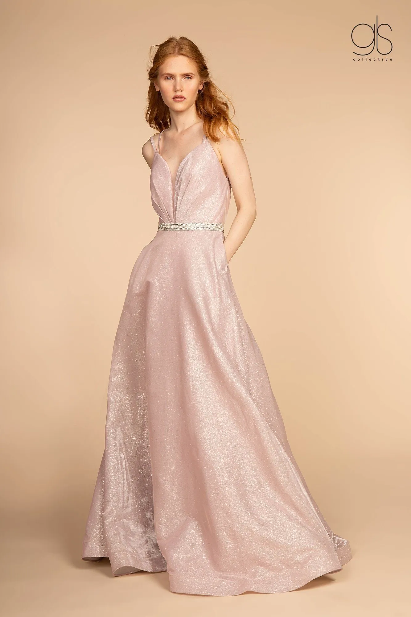 Long A-line Glitter Dress with Jeweled Waistband by Elizabeth K GL2504