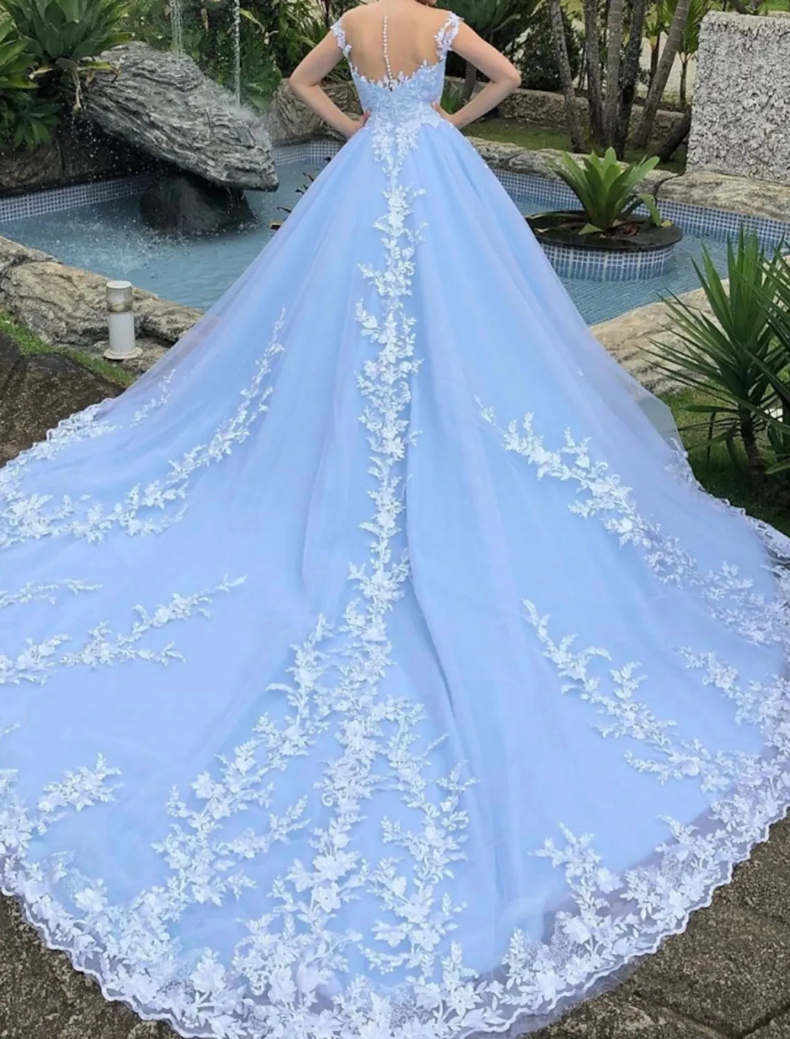 Luolandi Engagement Wedding Dresses in Color Formal Wedding Dresses Ball Gown V Neck Cap Sleeve Chapel Train Lace Bridal Gowns