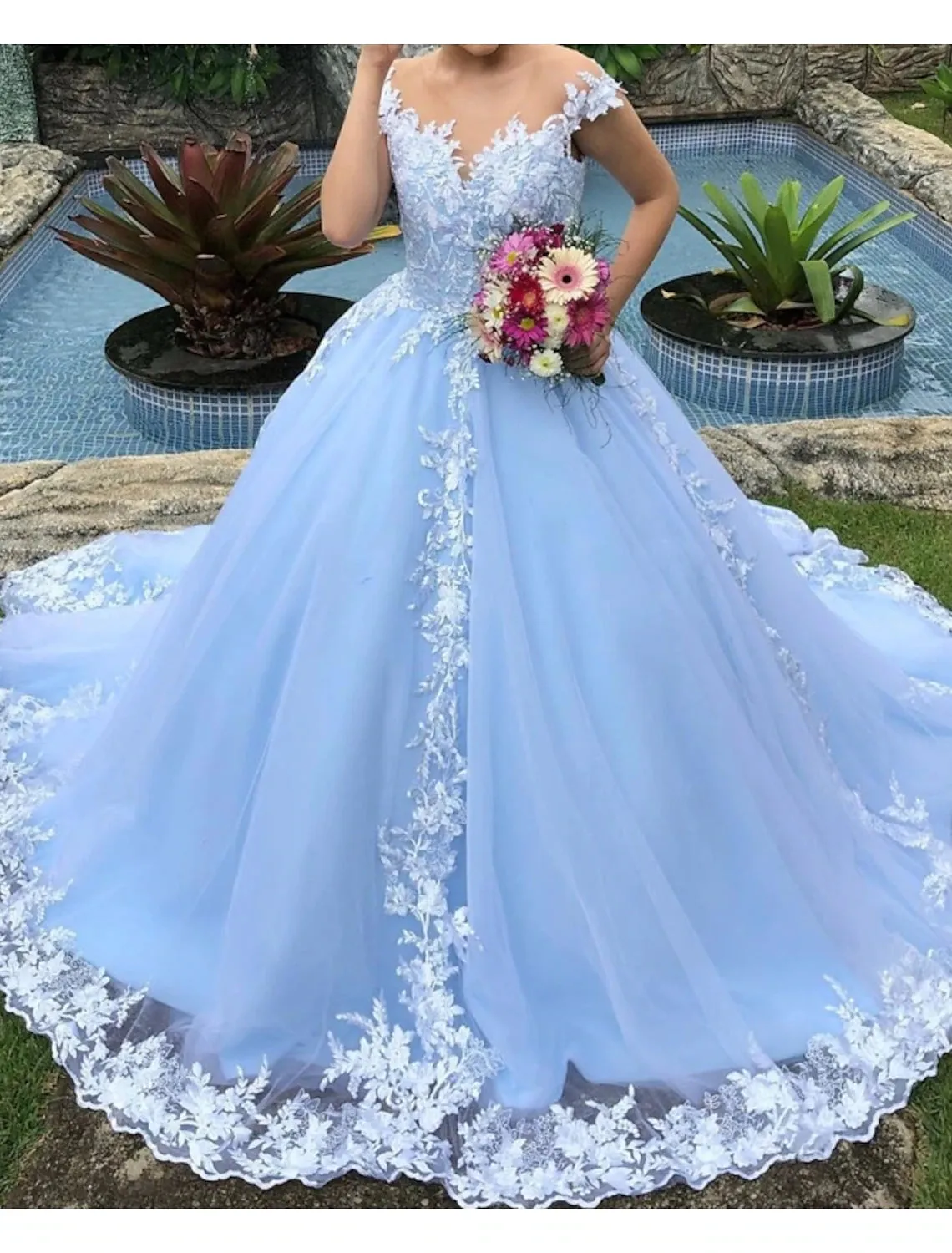 Luolandi Engagement Wedding Dresses in Color Formal Wedding Dresses Ball Gown V Neck Cap Sleeve Chapel Train Lace Bridal Gowns