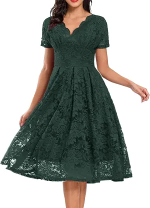 Rvidbe Lace Dress for Women Short Sleeve V Neck Empire Waist A-Line Midi Dresses Wedding Bridesmaid Party Evening Dresses