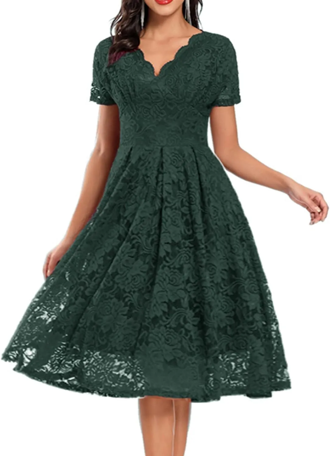 Rvidbe Lace Dress for Women Short Sleeve V Neck Empire Waist A-Line Midi Dresses Wedding Bridesmaid Party Evening Dresses