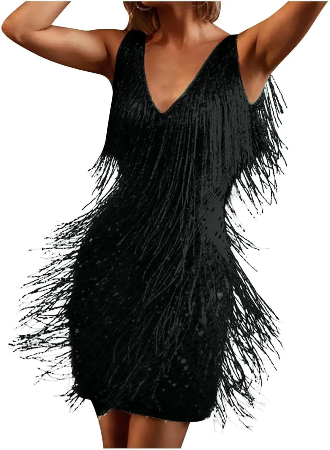 Rvidbe Womens Sexy Tassel Dresses Sleeveless V Neck Sequin Dress Trendy Glitter Bodycon Party Club Dress Mini Prom Dress