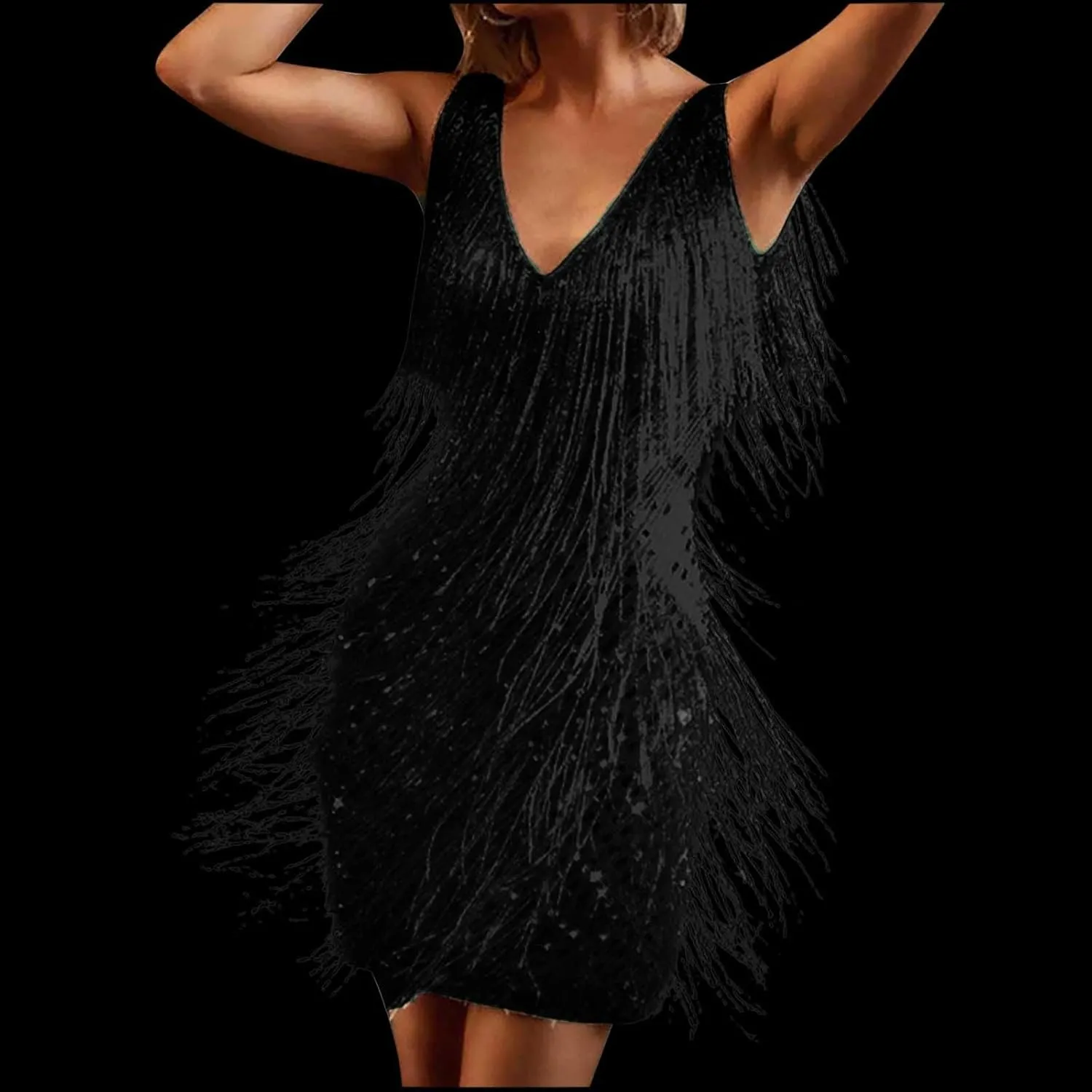 Rvidbe Womens Sexy Tassel Dresses Sleeveless V Neck Sequin Dress Trendy Glitter Bodycon Party Club Dress Mini Prom Dress