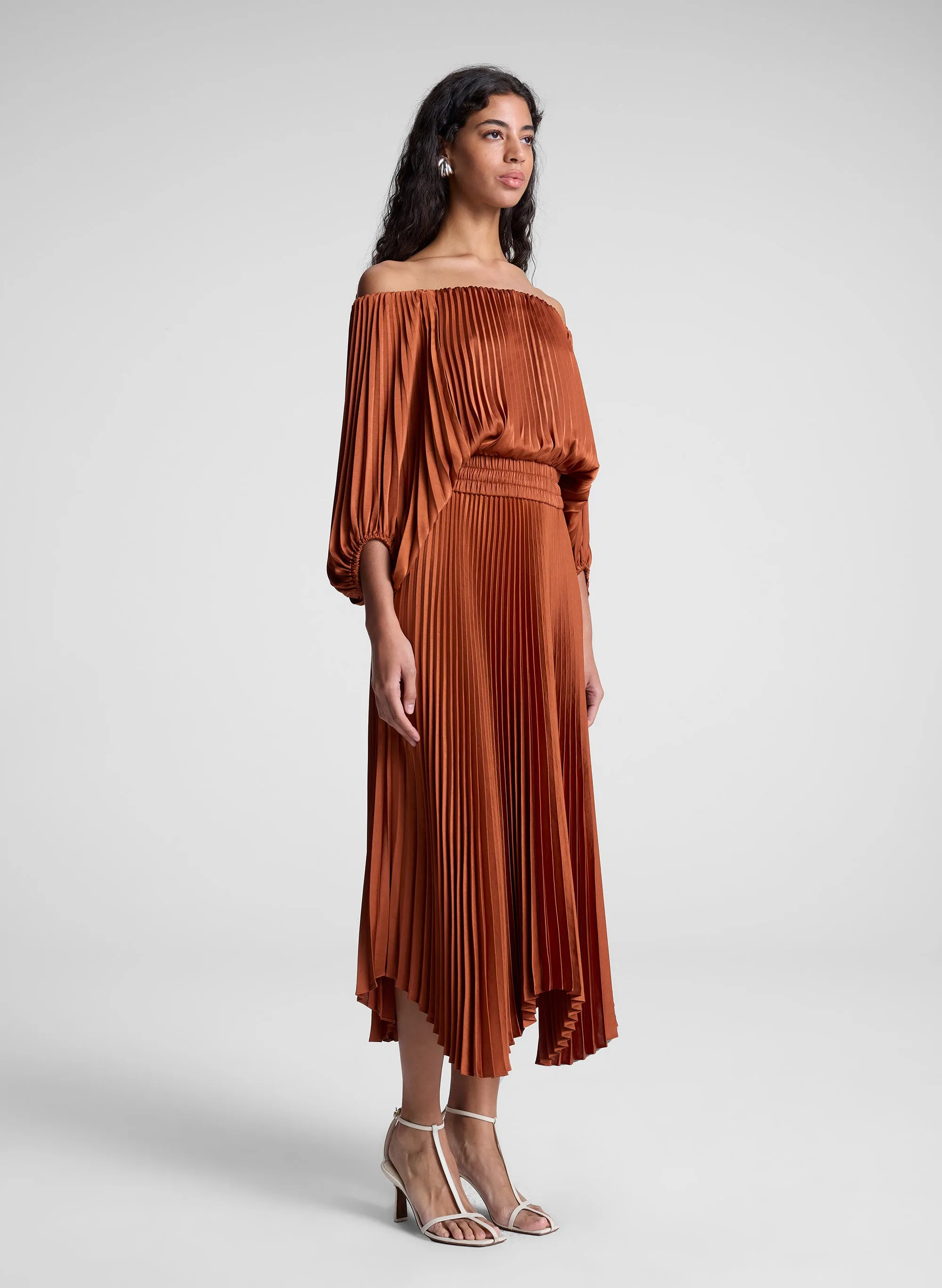 Sienna Satin Pleated Off Shoulder Midi Dress