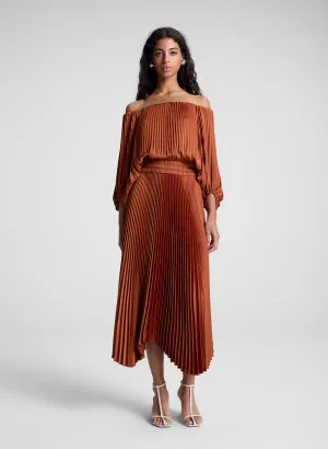 Sienna Satin Pleated Off Shoulder Midi Dress