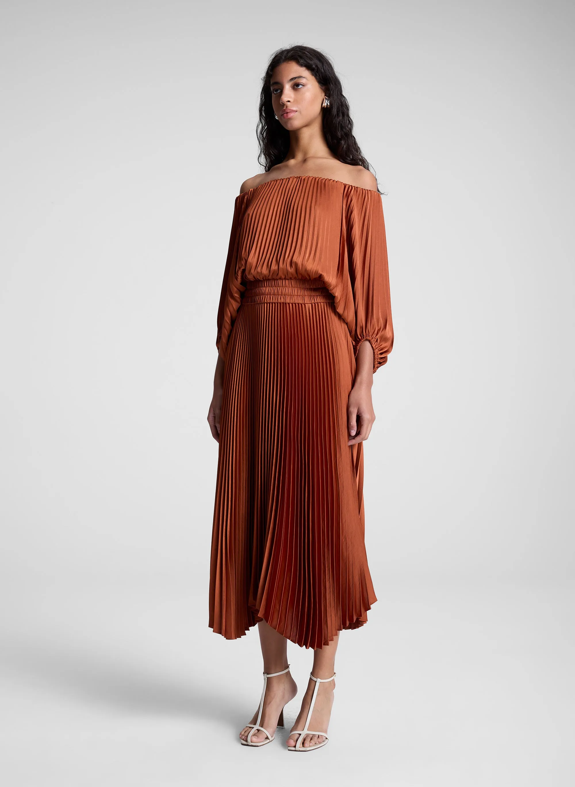 Sienna Satin Pleated Off Shoulder Midi Dress