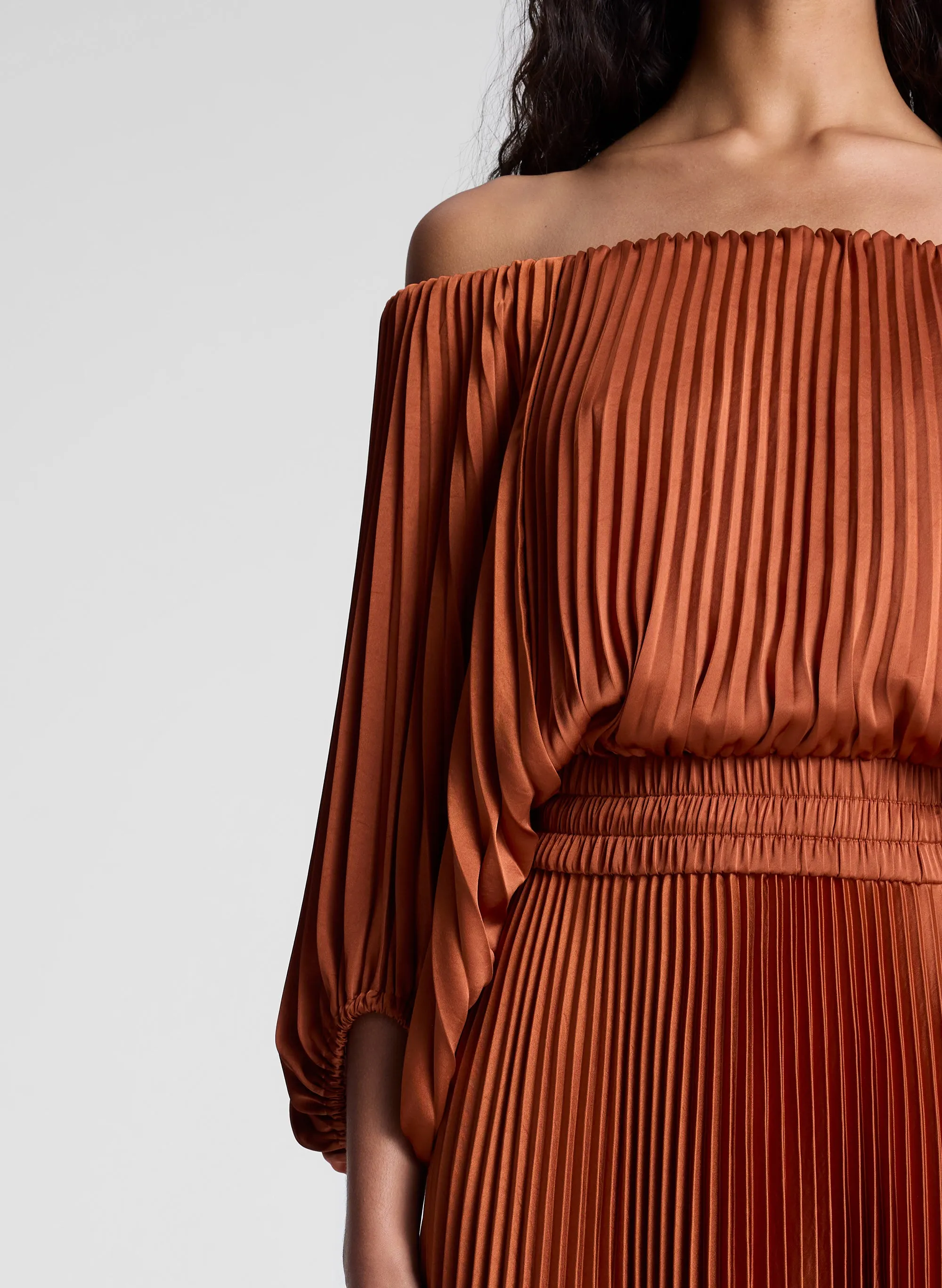 Sienna Satin Pleated Off Shoulder Midi Dress