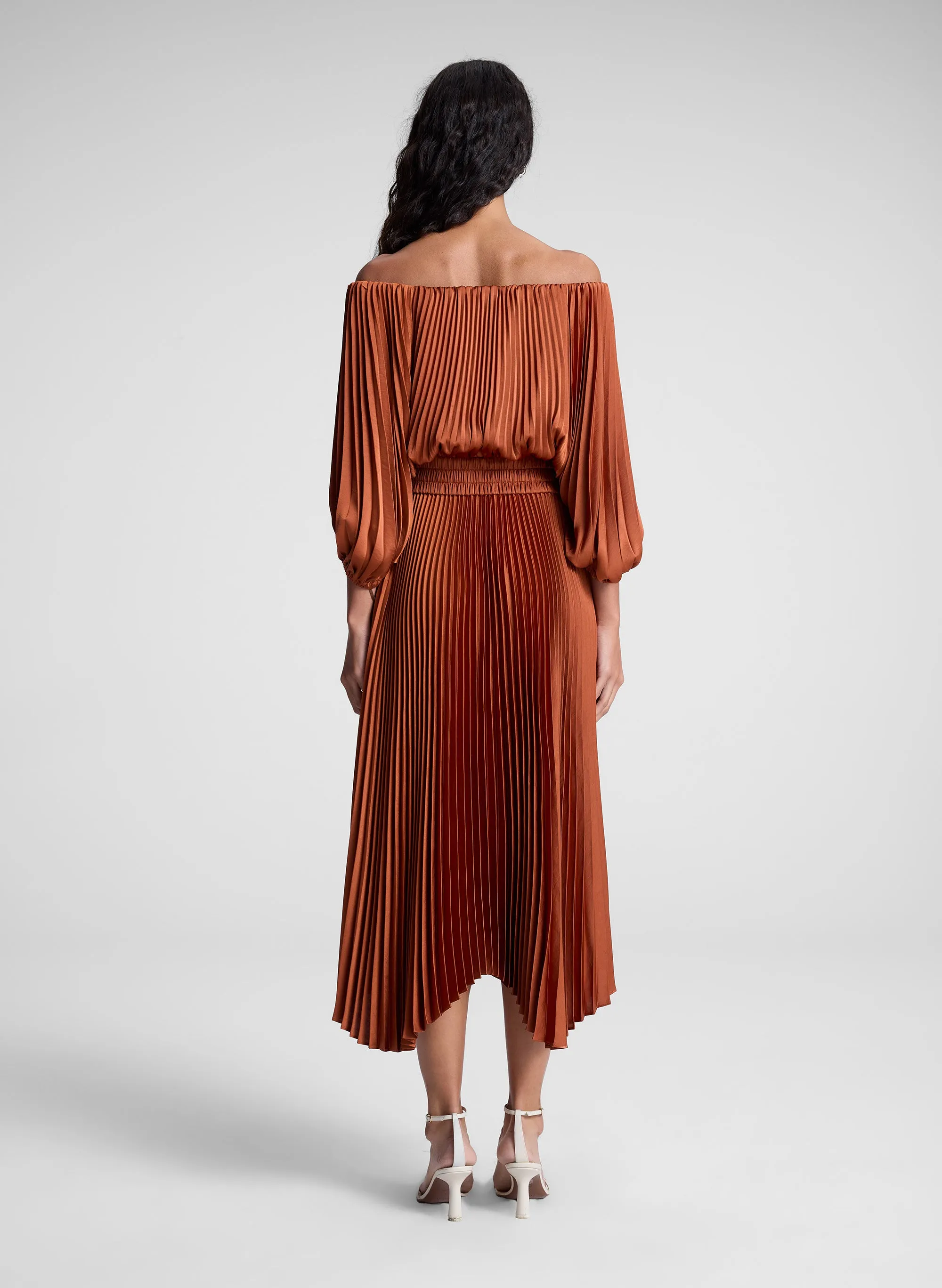 Sienna Satin Pleated Off Shoulder Midi Dress