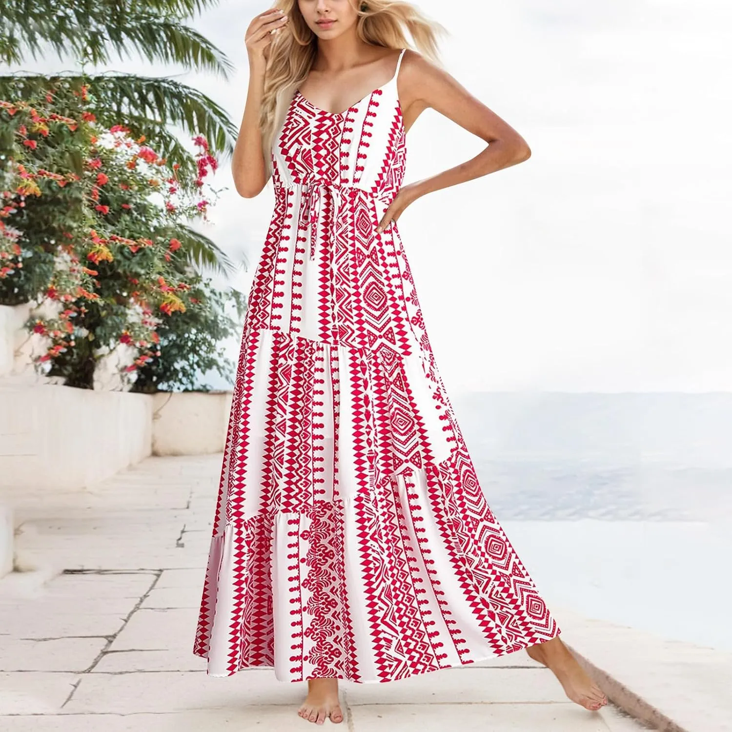 Summer Boho Dress for Women Baggy Spaghetti Strap Casual Tiered Maxi Dress Cute V Neck Drawstring Swing Floral Dresses