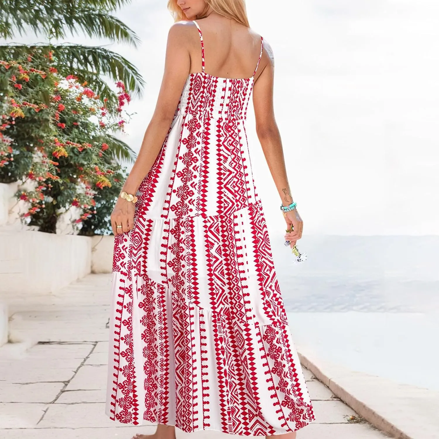 Summer Boho Dress for Women Baggy Spaghetti Strap Casual Tiered Maxi Dress Cute V Neck Drawstring Swing Floral Dresses
