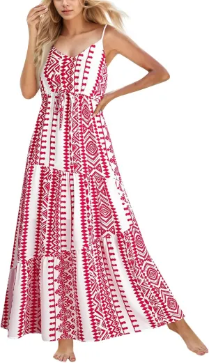 Summer Boho Dress for Women Baggy Spaghetti Strap Casual Tiered Maxi Dress Cute V Neck Drawstring Swing Floral Dresses