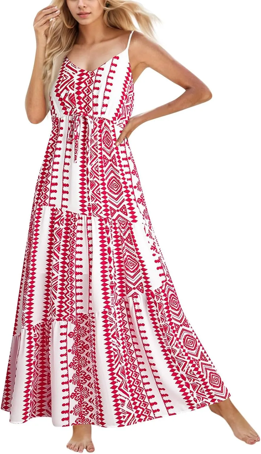Summer Boho Dress for Women Baggy Spaghetti Strap Casual Tiered Maxi Dress Cute V Neck Drawstring Swing Floral Dresses