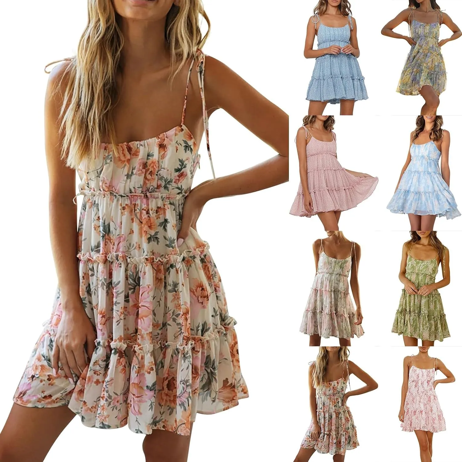 Summer Dresses for Teens 2025 Cute Spaghetti Strap Backless Floral Mini Dress Flowy Vacation Tiered Ruffle Sundress