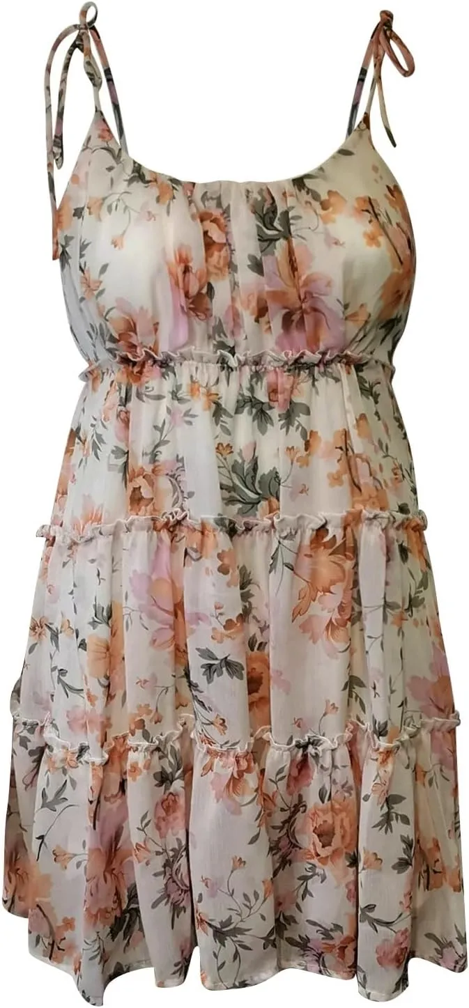 Summer Dresses for Teens 2025 Cute Spaghetti Strap Backless Floral Mini Dress Flowy Vacation Tiered Ruffle Sundress