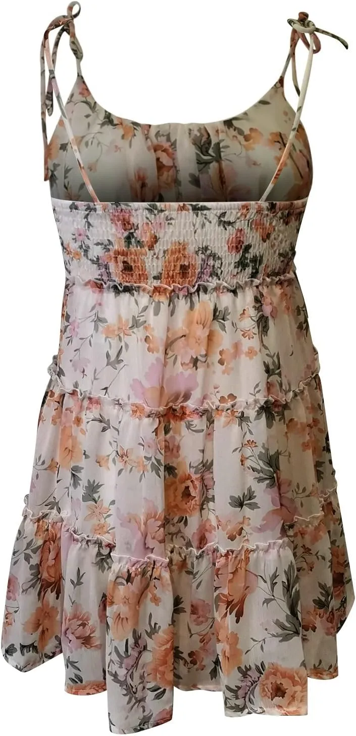Summer Dresses for Teens 2025 Cute Spaghetti Strap Backless Floral Mini Dress Flowy Vacation Tiered Ruffle Sundress