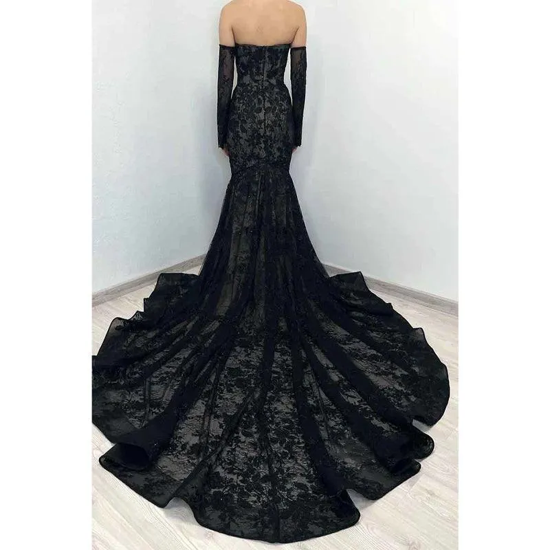 Sweetheart Romantic Lace Mermaid Black Formal Evening Dress