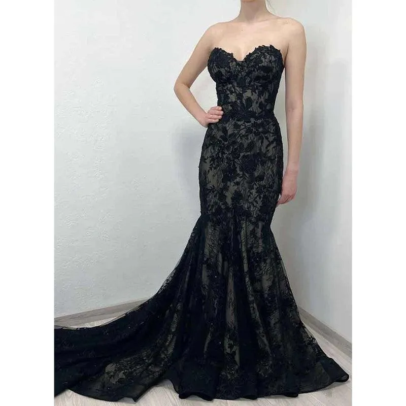 Sweetheart Romantic Lace Mermaid Black Formal Evening Dress