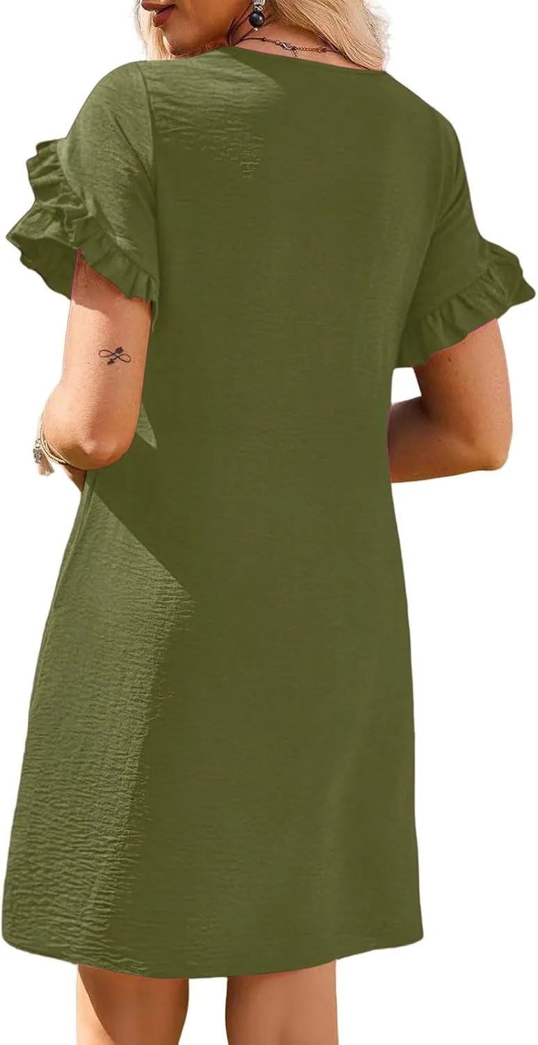 Women Casual Summer Dress Crew Neck Petal Short Sleeve A Line Tunic Mini Dress Dressy Fashion Shift Beach Sundress