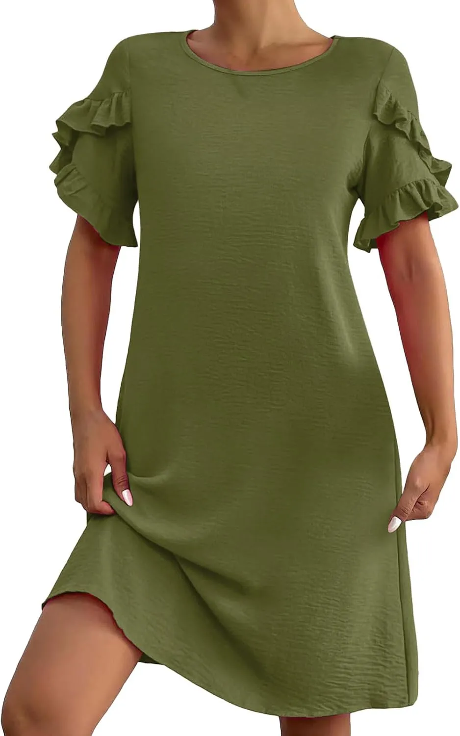Women Casual Summer Dress Crew Neck Petal Short Sleeve A Line Tunic Mini Dress Dressy Fashion Shift Beach Sundress