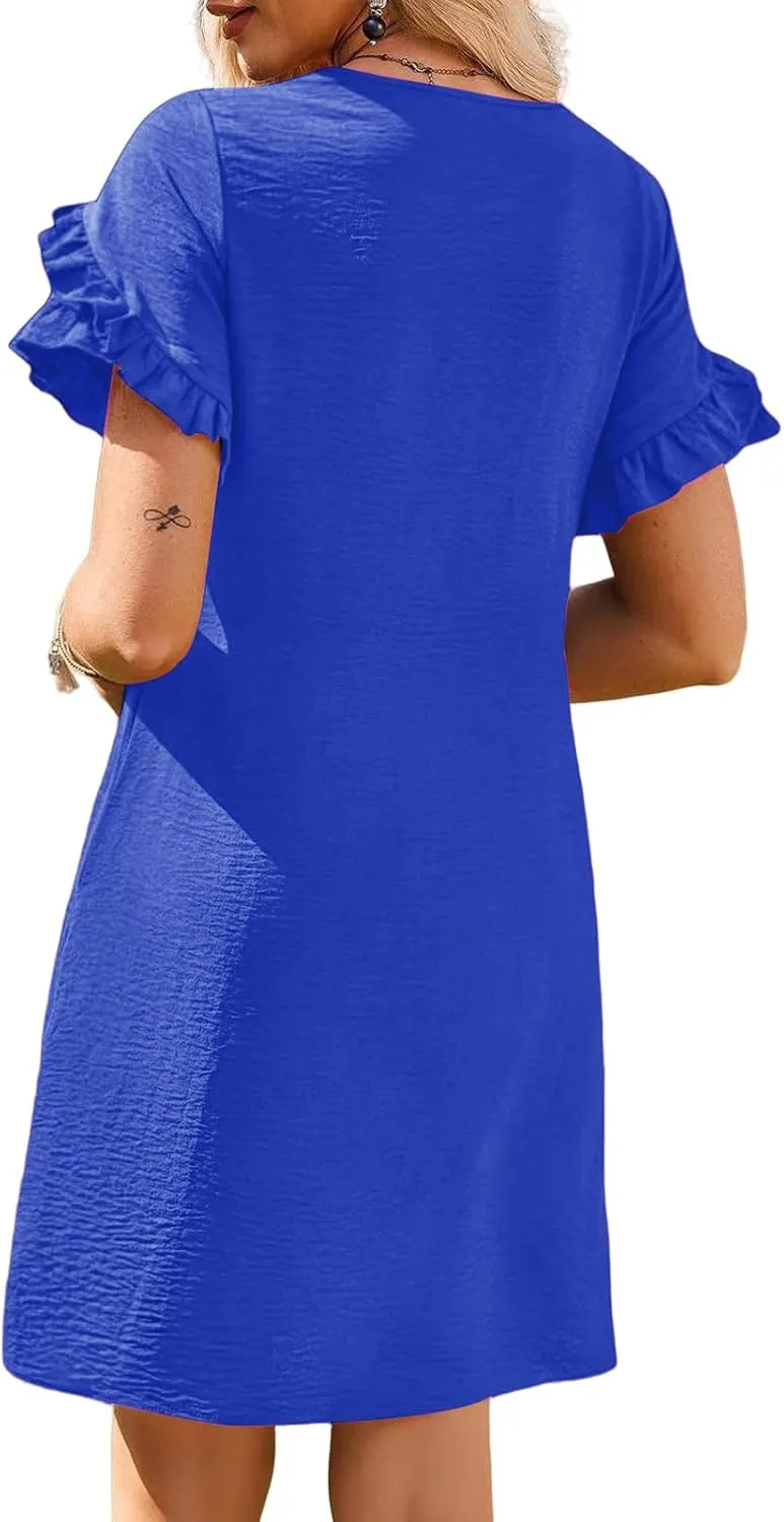 Women Casual Summer Dress Crew Neck Petal Short Sleeve A Line Tunic Mini Dress Dressy Fashion Shift Beach Sundress