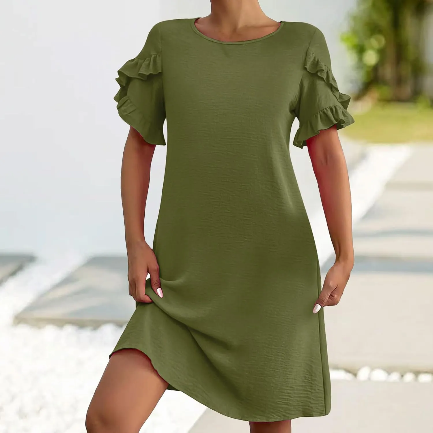 Women Casual Summer Dress Crew Neck Petal Short Sleeve A Line Tunic Mini Dress Dressy Fashion Shift Beach Sundress