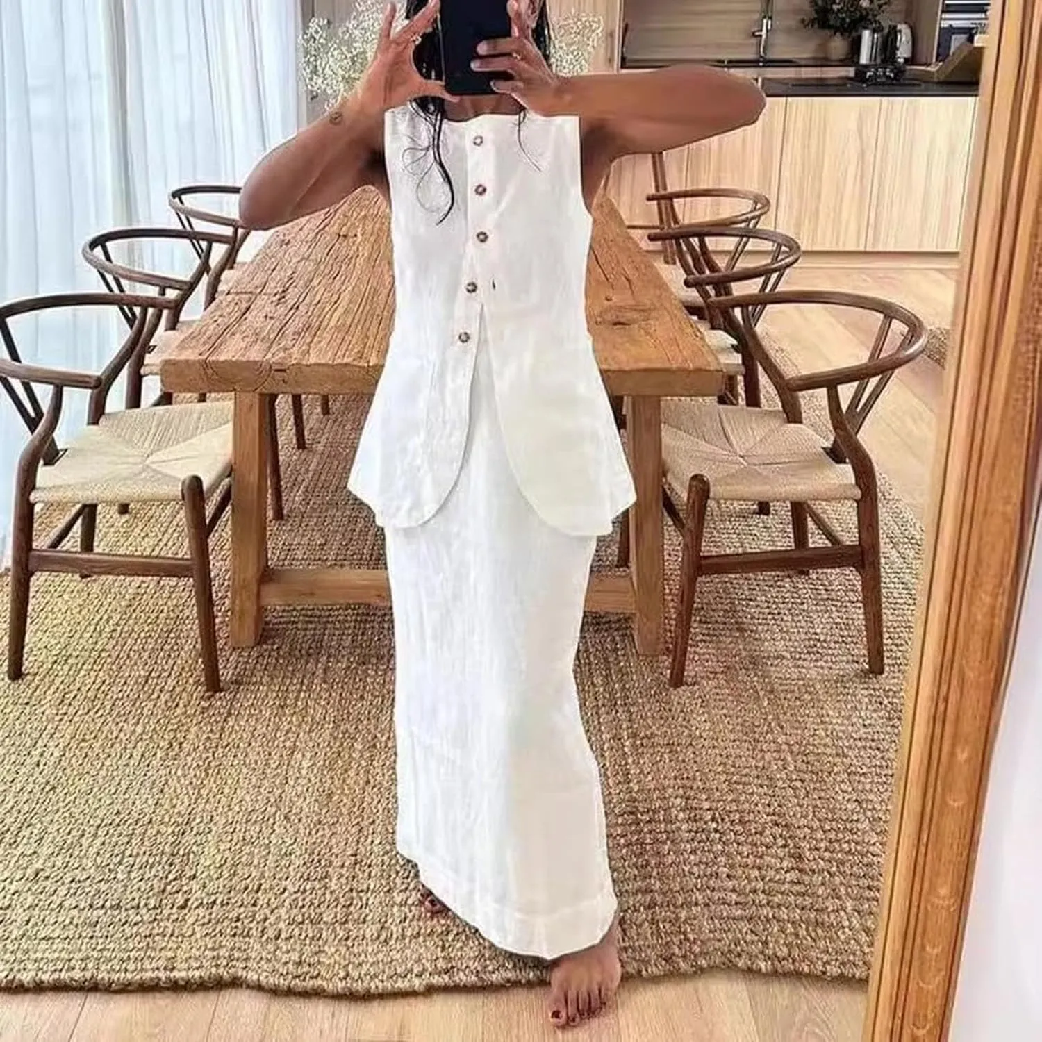 Women's Cotton Linen 2 Piece Outfits Elegant Sleeveless Blazer Vest & Midi Pencil Skirt Business Work Dress Sets