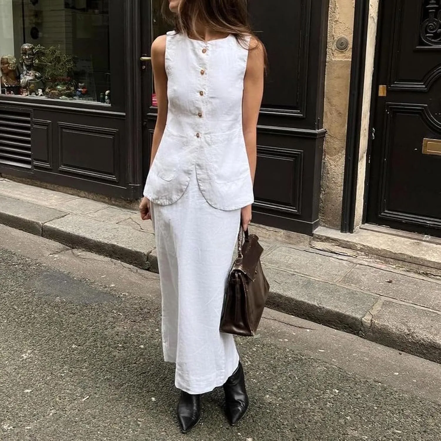 Women's Cotton Linen 2 Piece Outfits Elegant Sleeveless Blazer Vest & Midi Pencil Skirt Business Work Dress Sets