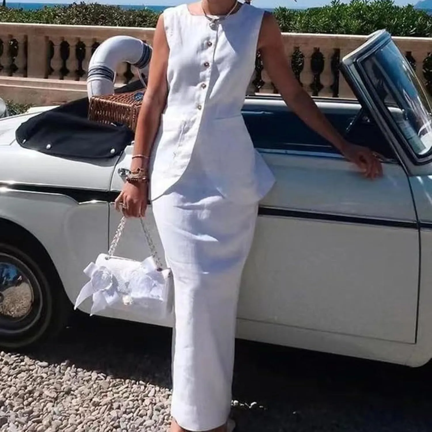 Women's Cotton Linen 2 Piece Outfits Elegant Sleeveless Blazer Vest & Midi Pencil Skirt Business Work Dress Sets