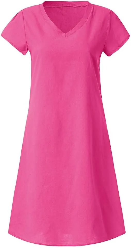 Womens Cotton Linen Midi Dress Summer Plus Size Flowy Beach Dress Solid Color Short Sleeve V-Neck T-Shirt Dresses
