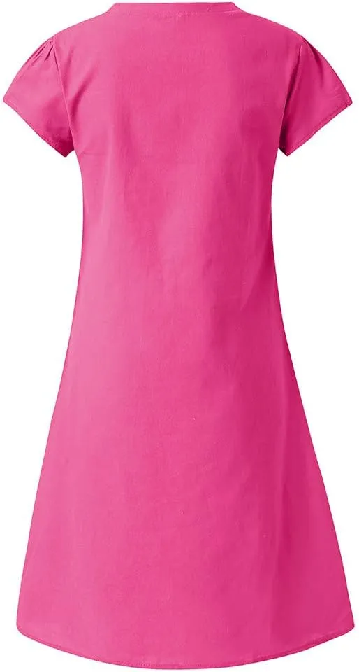 Womens Cotton Linen Midi Dress Summer Plus Size Flowy Beach Dress Solid Color Short Sleeve V-Neck T-Shirt Dresses