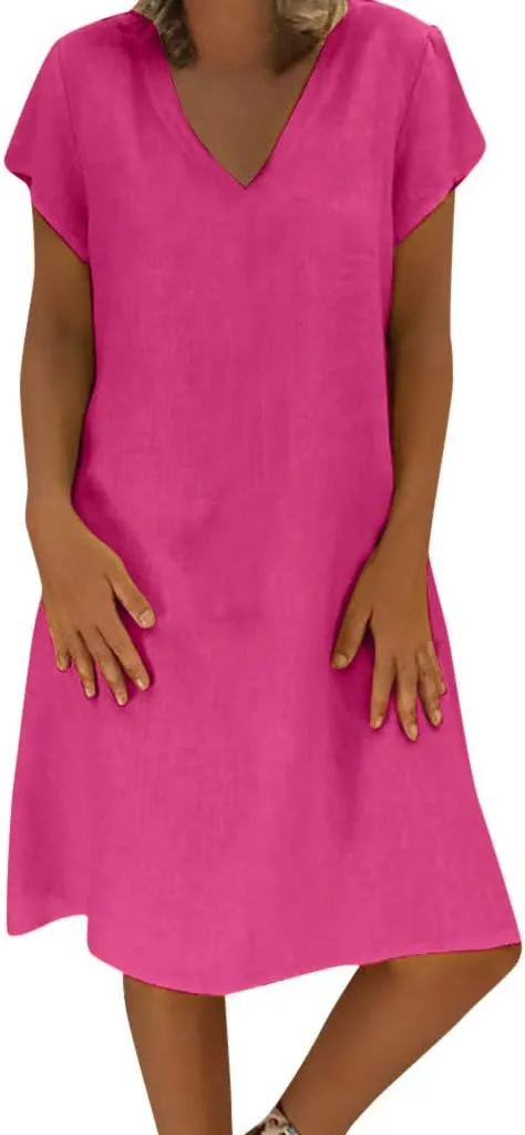 Womens Cotton Linen Midi Dress Summer Plus Size Flowy Beach Dress Solid Color Short Sleeve V-Neck T-Shirt Dresses