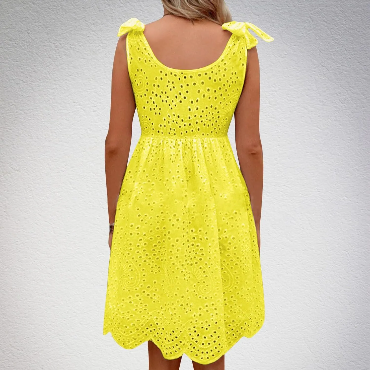 Womens Summer Casual Sleeveless V-Neck Tie Mini Dress Ruffle Pleated High Waist Tunic Dress Trendy Hollow Out Dress