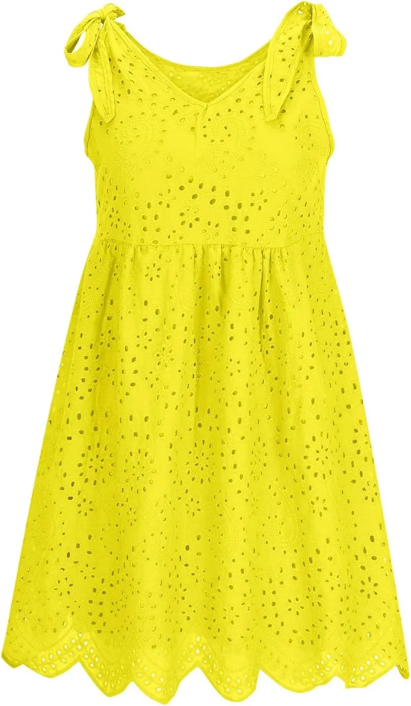 Womens Summer Casual Sleeveless V-Neck Tie Mini Dress Ruffle Pleated High Waist Tunic Dress Trendy Hollow Out Dress