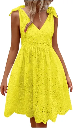 Womens Summer Casual Sleeveless V-Neck Tie Mini Dress Ruffle Pleated High Waist Tunic Dress Trendy Hollow Out Dress
