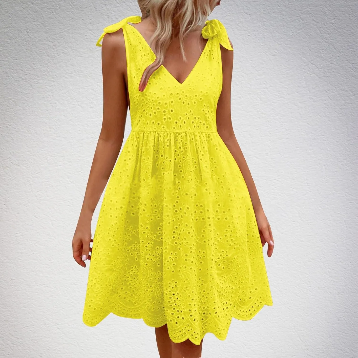 Womens Summer Casual Sleeveless V-Neck Tie Mini Dress Ruffle Pleated High Waist Tunic Dress Trendy Hollow Out Dress